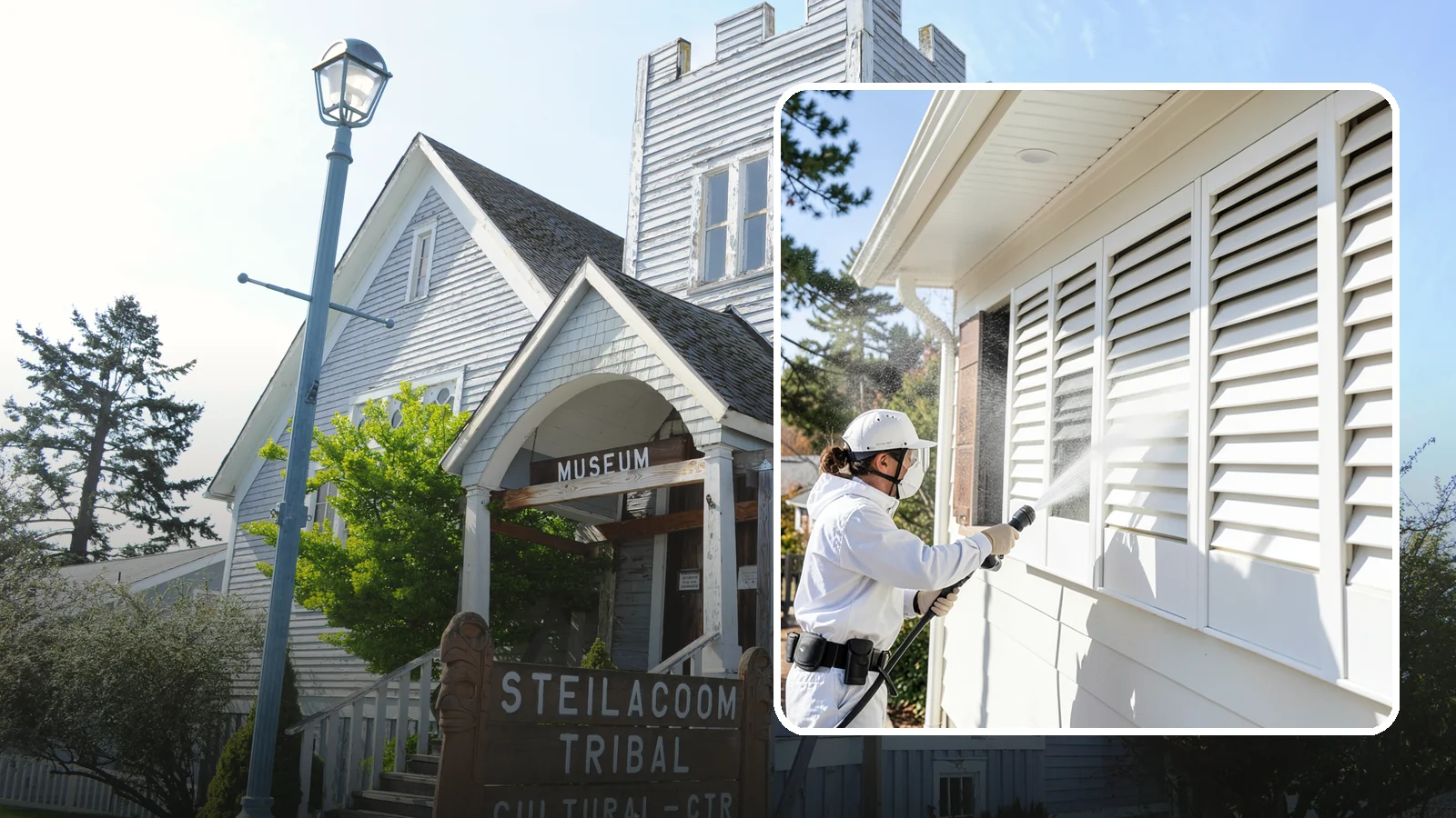 Shutter Cleaning in Steilacoom, Pierce County, WA - We clean exterior shutters louver by louver to clear the green algae and cobwebs that collect in their grooves.