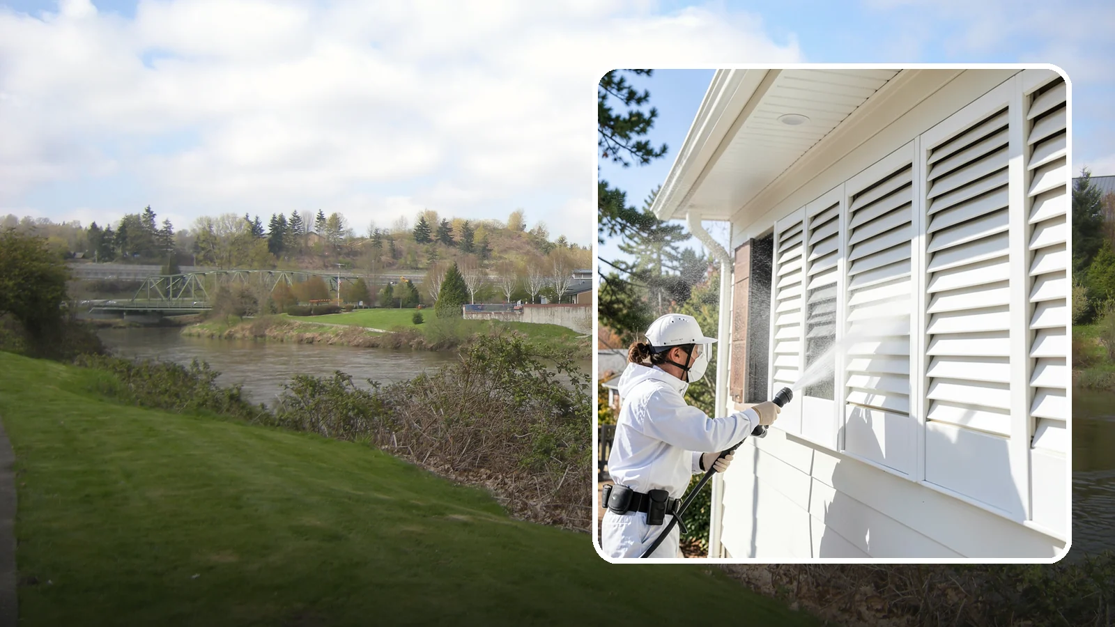 Shutter Cleaning in Tukwila, King County, WA - We clean exterior shutters louver by louver to clear the green algae and cobwebs that collect in their grooves.