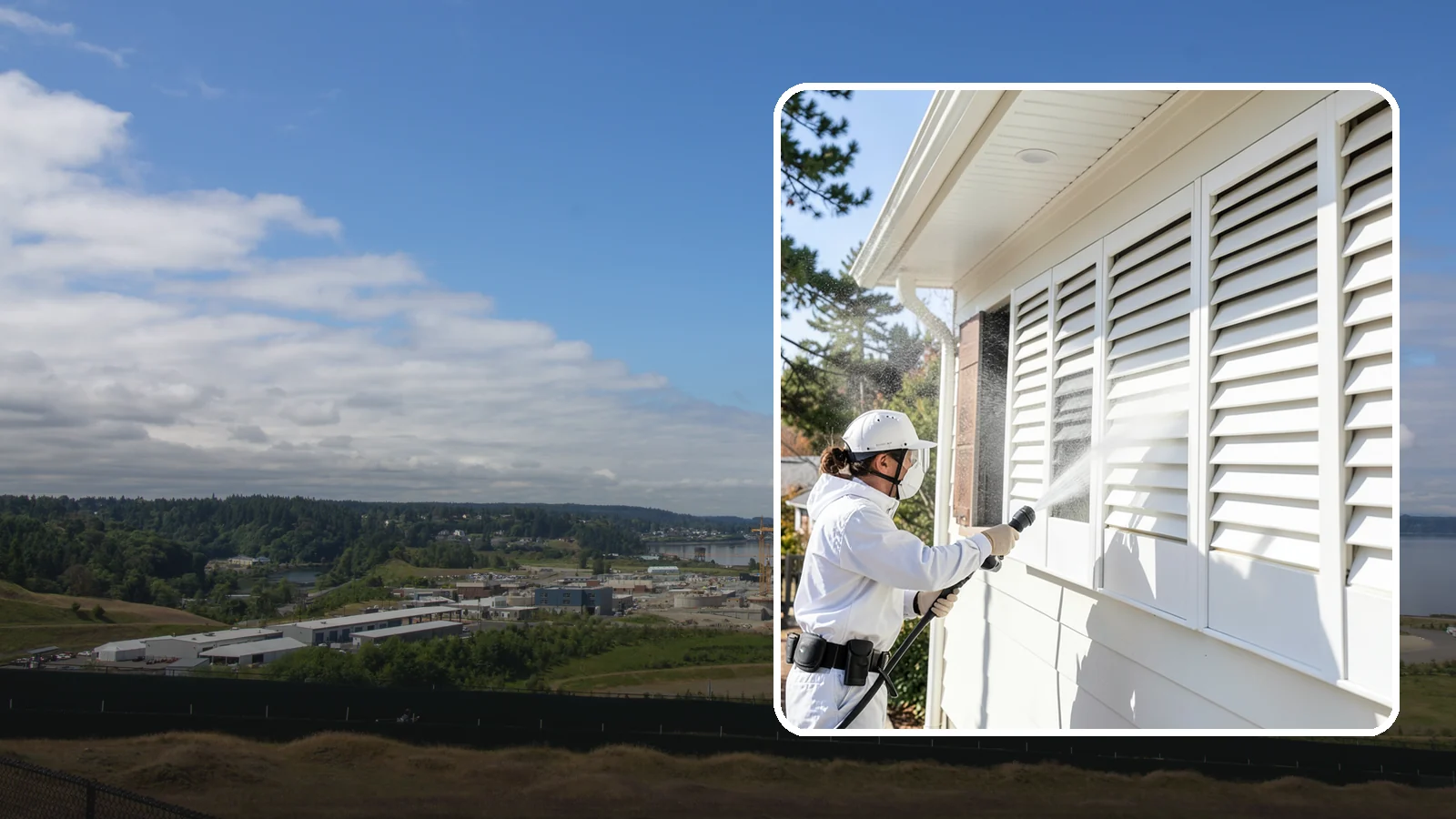 Shutter Cleaning in University Place, Pierce County, WA - We clean exterior shutters louver by louver to clear the green algae and cobwebs that collect in their grooves.