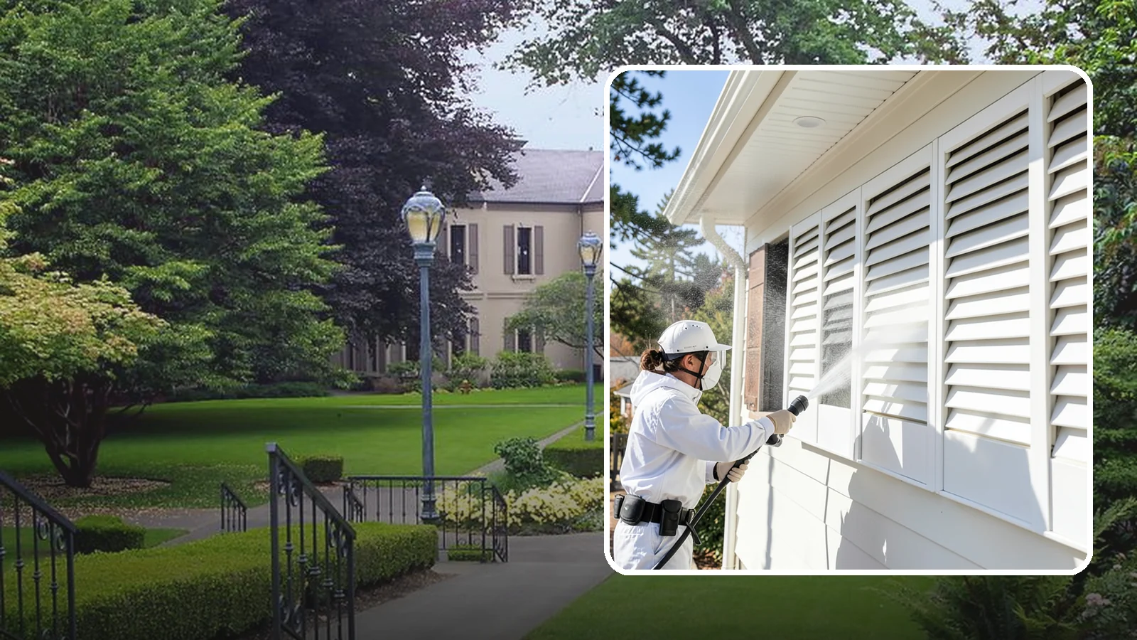 Shutter Cleaning in Woodinville, King County, WA - We clean exterior shutters louver by louver to clear the green algae and cobwebs that collect in their grooves.