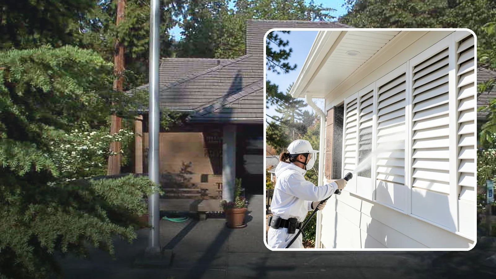 Shutter Cleaning in Yarrow Point, King County, WA - We clean exterior shutters louver by louver to clear the green algae and cobwebs that collect in their grooves.