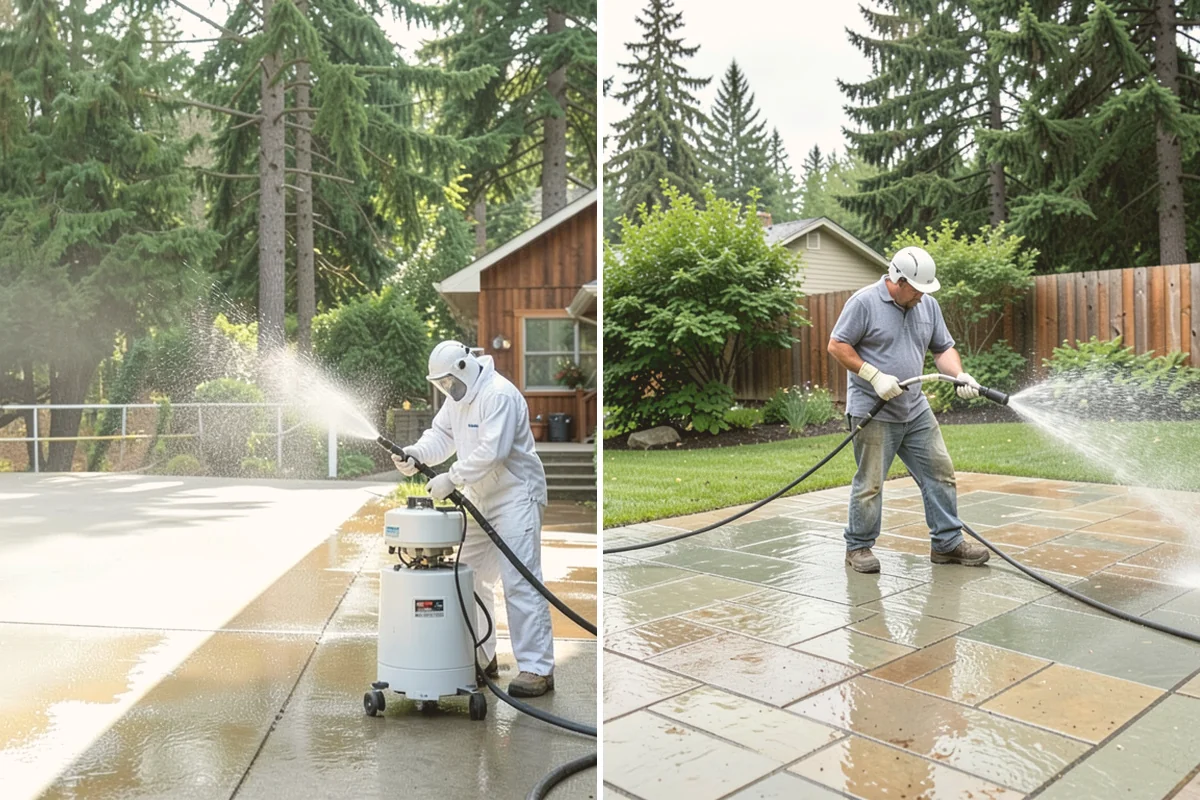 Sidewalk Pressure Washing in Algona, King County, WA - Blow off leaves and fir needles and pre-treat the surface with a moss-and-algae solution