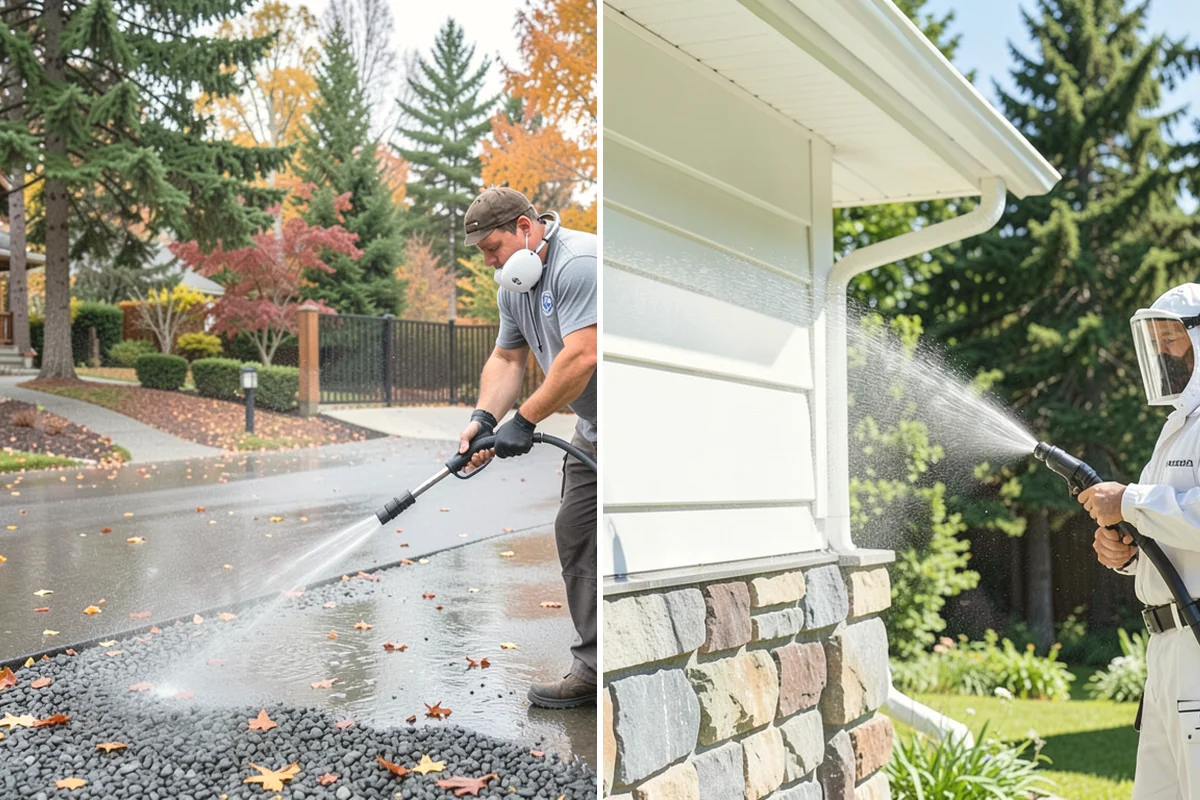Sidewalk Pressure Washing in Anacortes, Skagit County, WA - Blow off leaves and fir needles and pre-treat the surface with a moss-and-algae solution