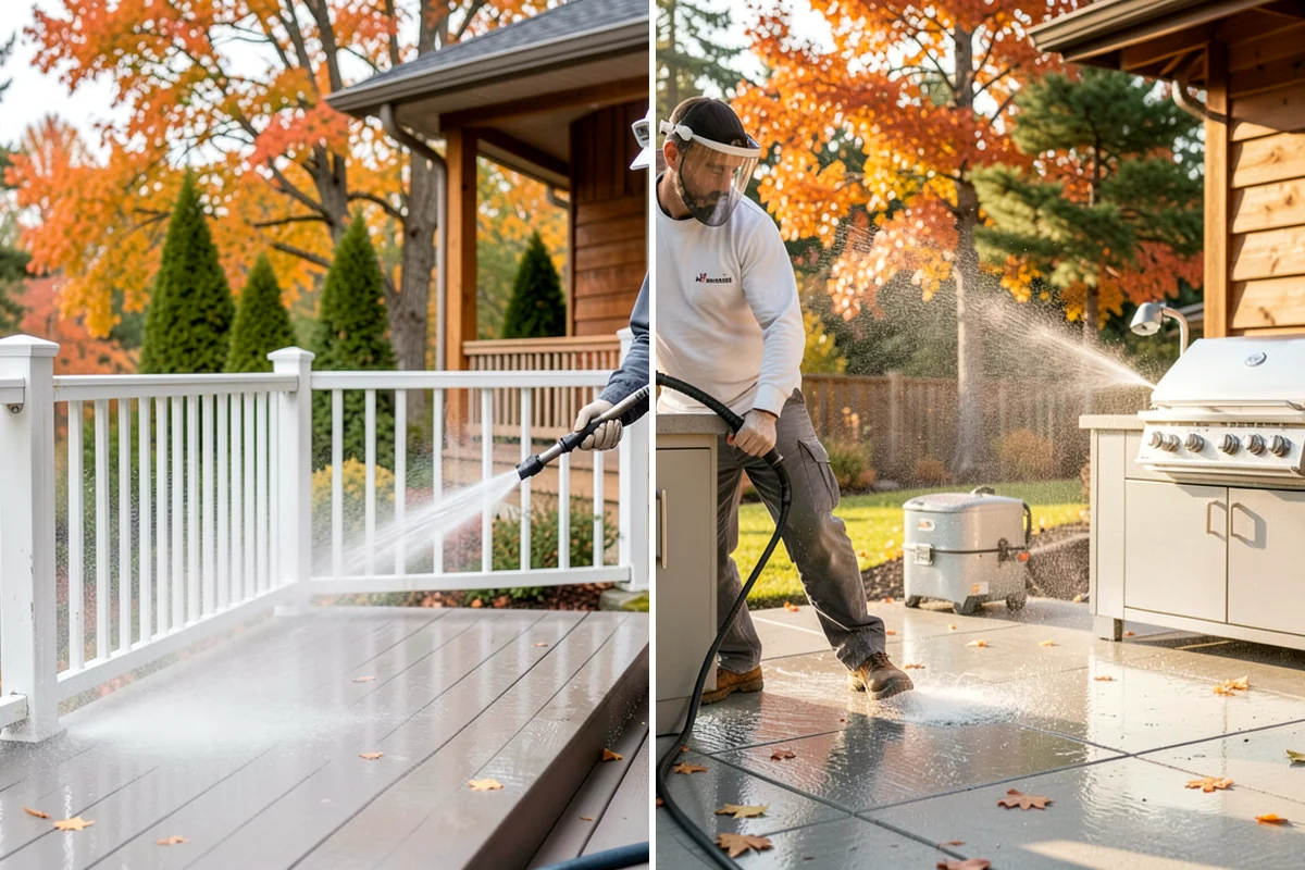 Sidewalk Pressure Washing in Arlington, Snohomish County, WA - Blow off leaves and fir needles and pre-treat the surface with a moss-and-algae solution