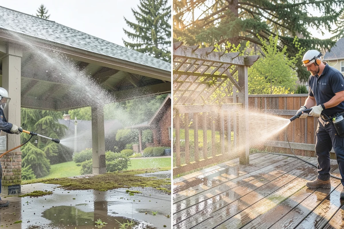 Sidewalk Pressure Washing in Auburn, King County, WA - Blow off leaves and fir needles and pre-treat the surface with a moss-and-algae solution