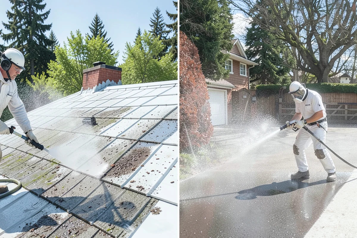 Sidewalk Pressure Washing in Beaux Arts Village, King County, WA - Blow off leaves and fir needles and pre-treat the surface with a moss-and-algae solution