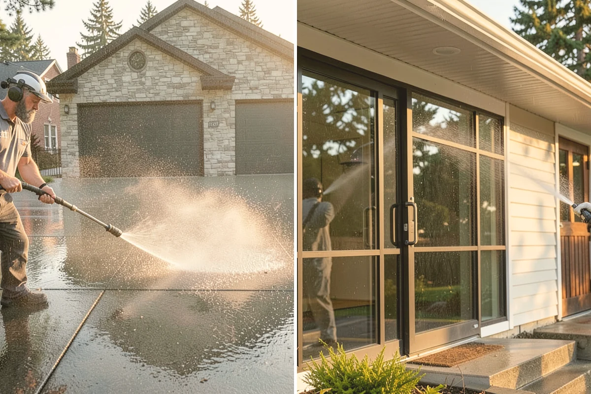 Sidewalk Pressure Washing in Bellevue, King County, WA - Blow off leaves and fir needles and pre-treat the surface with a moss-and-algae solution