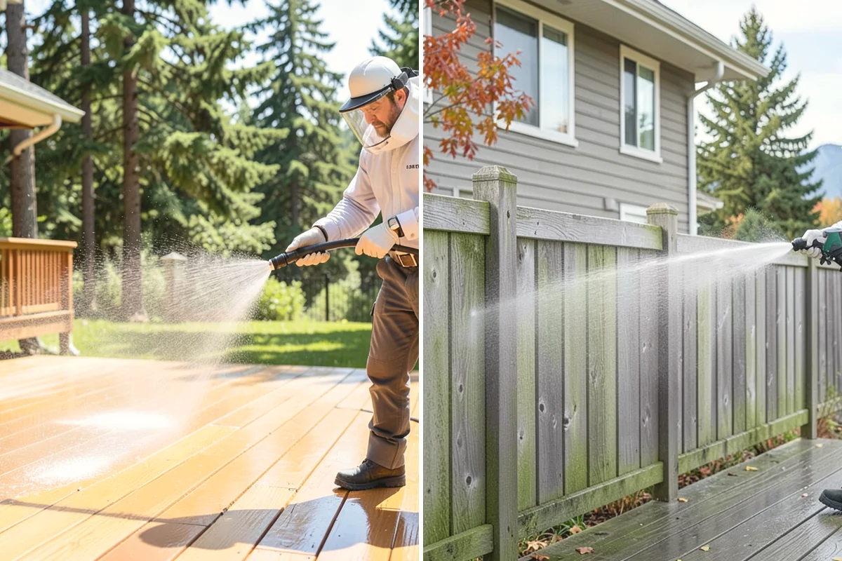 Sidewalk Pressure Washing in Black Diamond, King County, WA - Blow off leaves and fir needles and pre-treat the surface with a moss-and-algae solution
