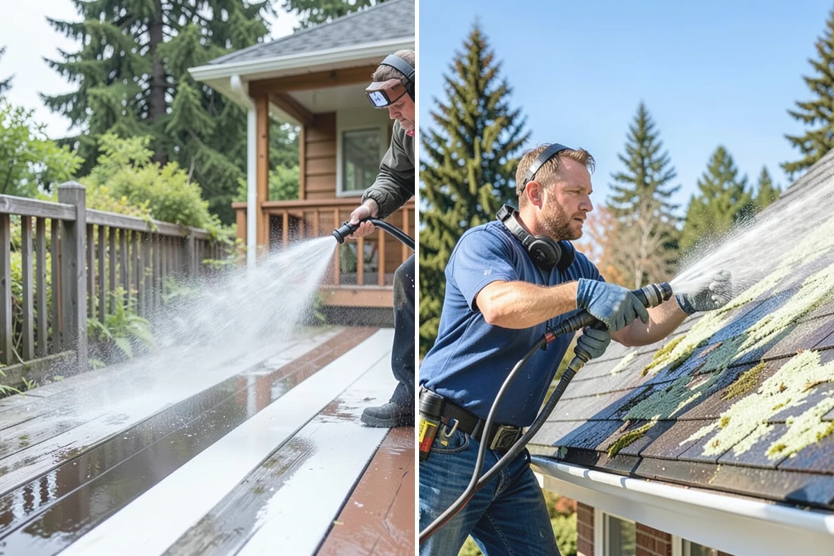 Sidewalk Pressure Washing in Bonney Lake, Pierce County, WA - Blow off leaves and fir needles and pre-treat the surface with a moss-and-algae solution