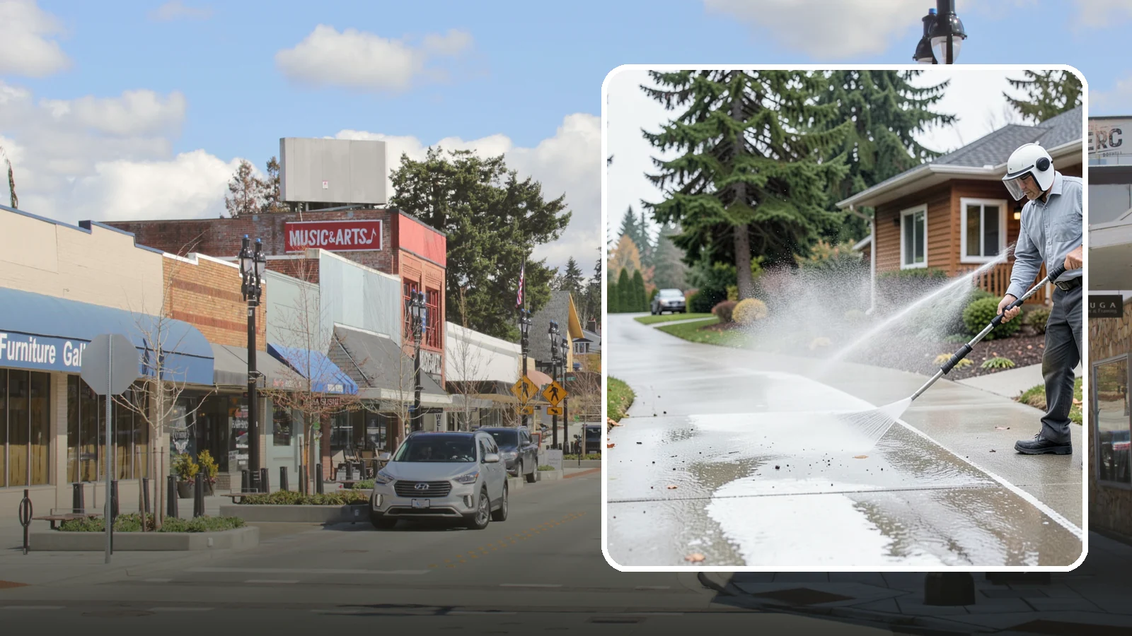 Sidewalk Pressure Washing in Bothell, King County, WA - Restore slick, moss-darkened Washington sidewalks to safe, even concrete with a controlled pressure wash.
