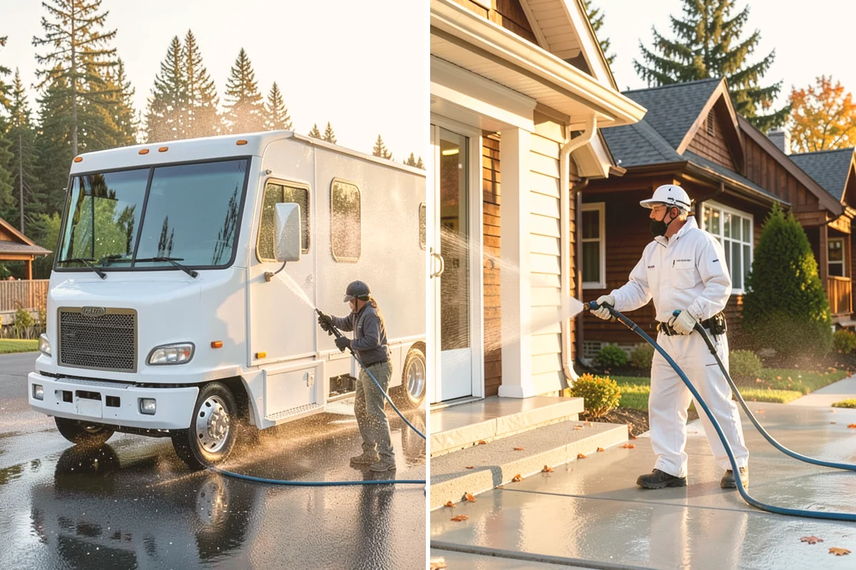 Sidewalk Pressure Washing in Brier, Snohomish County, WA - Blow off leaves and fir needles and pre-treat the surface with a moss-and-algae solution