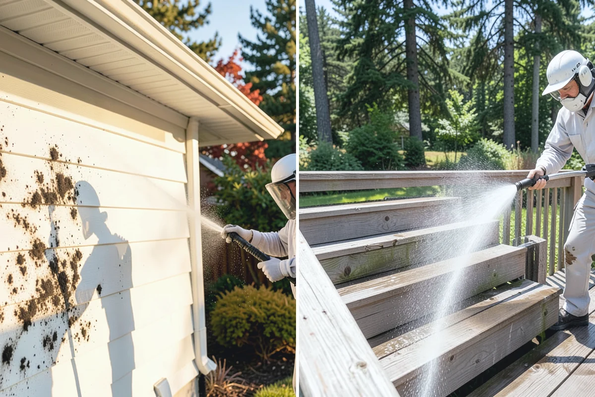Sidewalk Pressure Washing in Buckley, Pierce County, WA - Blow off leaves and fir needles and pre-treat the surface with a moss-and-algae solution