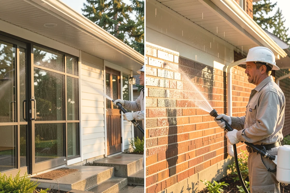 Sidewalk Pressure Washing in Burien, King County, WA - Blow off leaves and fir needles and pre-treat the surface with a moss-and-algae solution