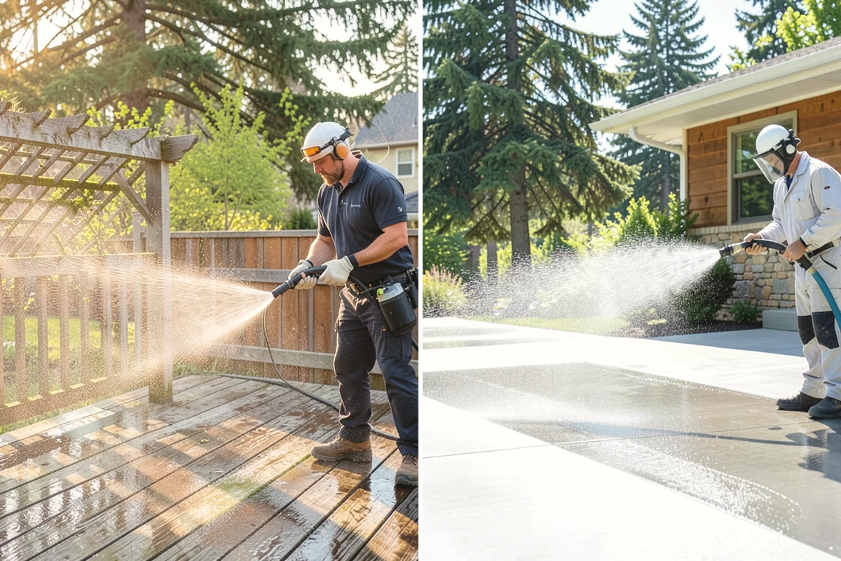 Sidewalk Pressure Washing in Burlington, Skagit County, WA - Blow off leaves and fir needles and pre-treat the surface with a moss-and-algae solution