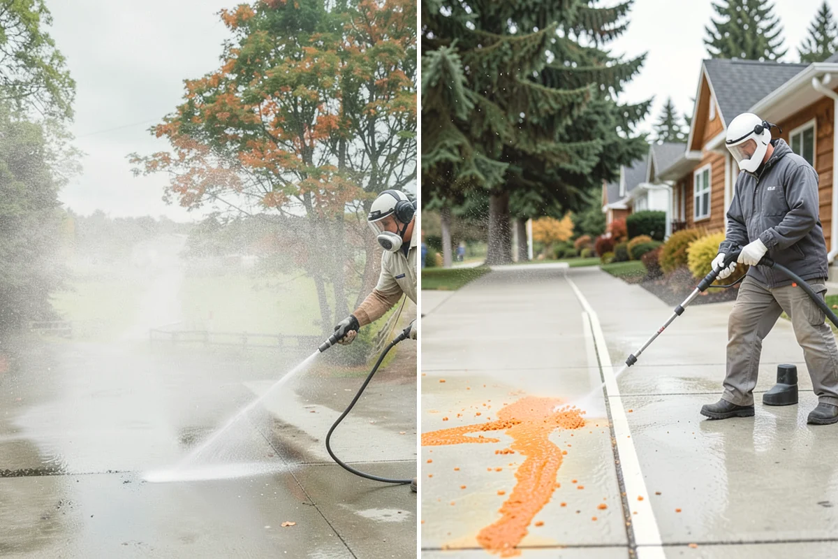 Sidewalk Pressure Washing in Carbonado, Pierce County, WA - Blow off leaves and fir needles and pre-treat the surface with a moss-and-algae solution