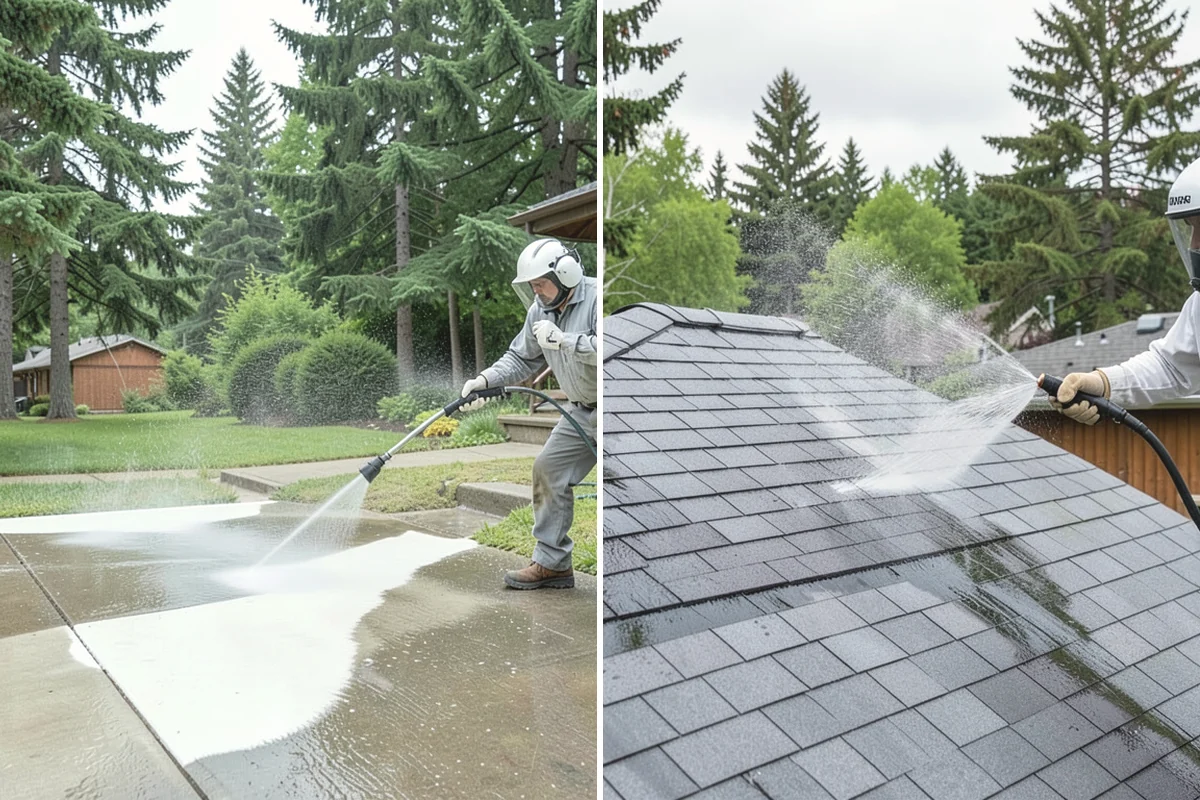 Sidewalk Pressure Washing in Carnation, King County, WA - Blow off leaves and fir needles and pre-treat the surface with a moss-and-algae solution