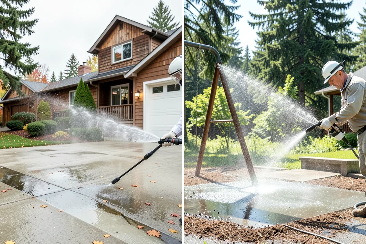 Sidewalk Pressure Washing in Clyde Hill, King County, WA - Blow off leaves and fir needles and pre-treat the surface with a moss-and-algae solution