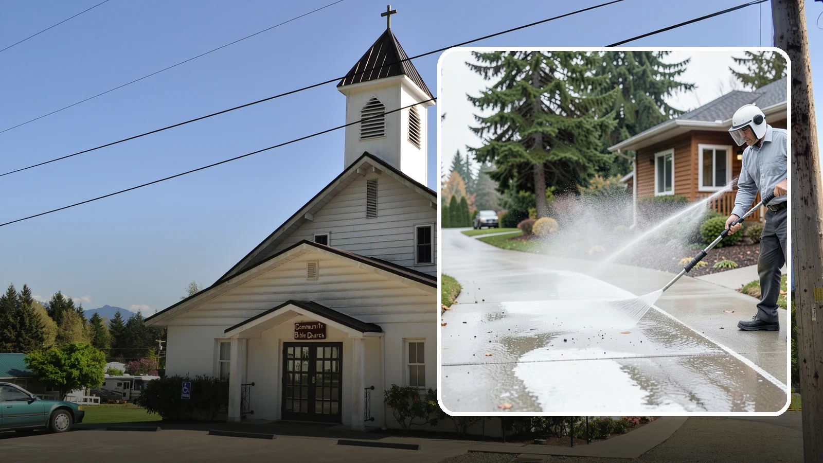 Sidewalk Pressure Washing in Concrete, Skagit County, WA - Restore slick, moss-darkened Washington sidewalks to safe, even concrete with a controlled pressure wash.