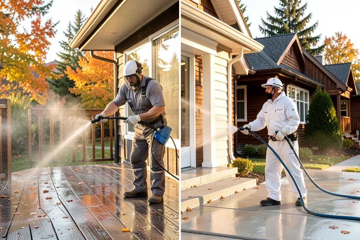 Sidewalk Pressure Washing in Concrete, Skagit County, WA - Blow off leaves and fir needles and pre-treat the surface with a moss-and-algae solution