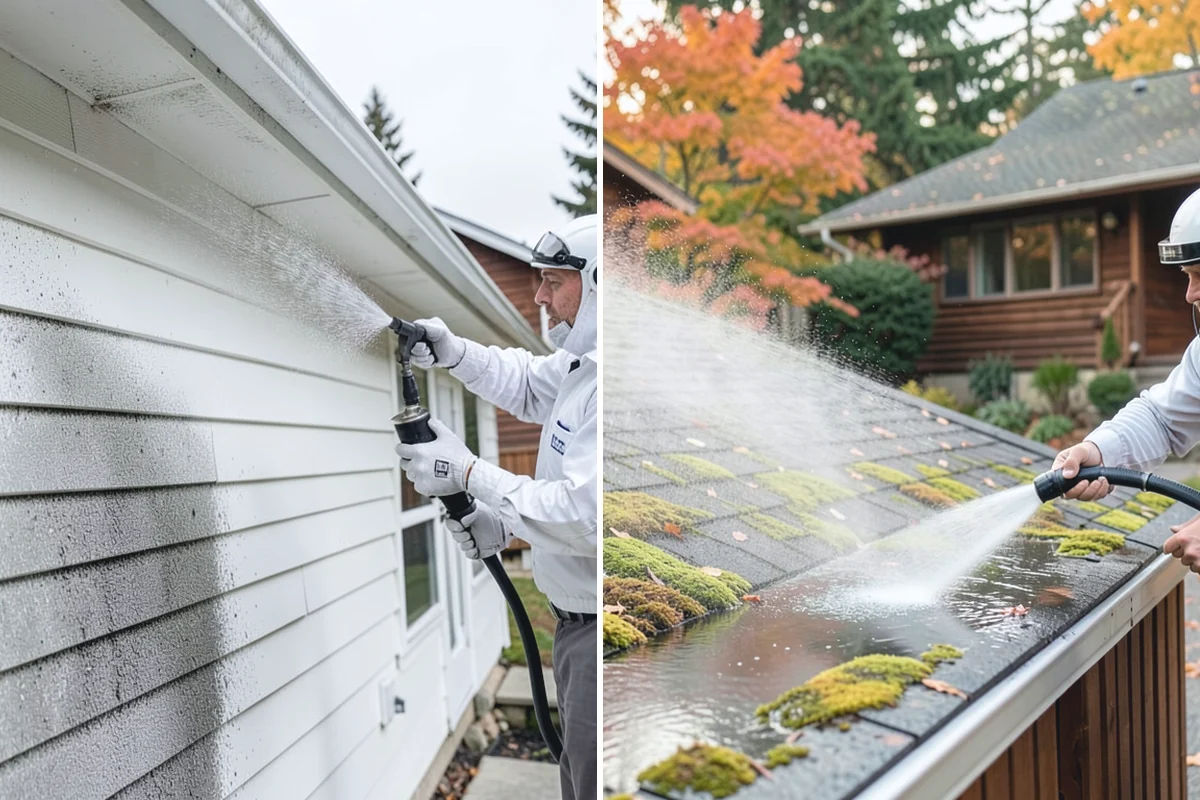 Sidewalk Pressure Washing in Coupeville, Island County, WA - Blow off leaves and fir needles and pre-treat the surface with a moss-and-algae solution