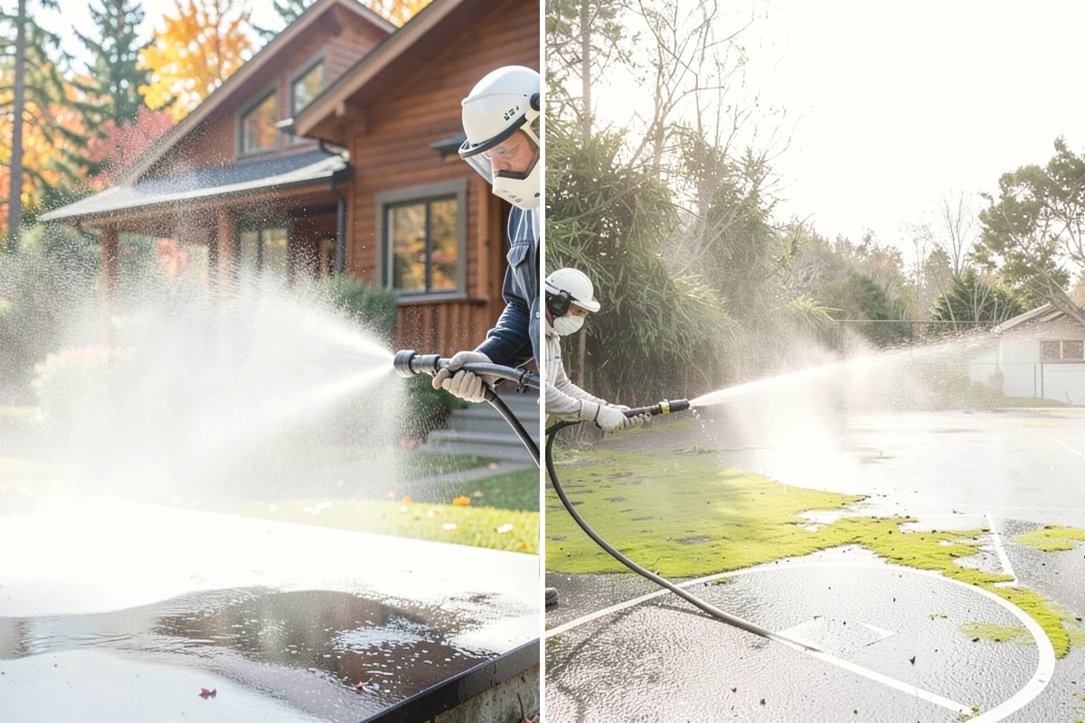 Sidewalk Pressure Washing in Covington, King County, WA - Blow off leaves and fir needles and pre-treat the surface with a moss-and-algae solution