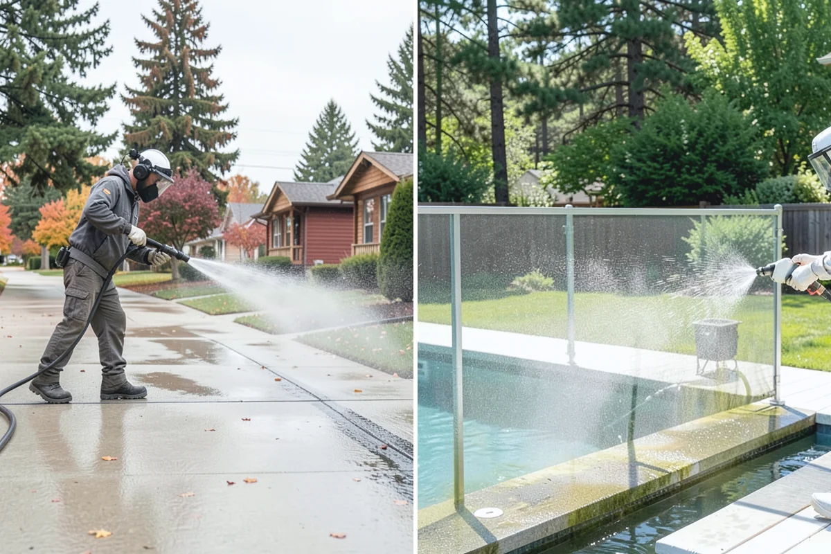 Sidewalk Pressure Washing in Darrington, Snohomish County, WA - Blow off leaves and fir needles and pre-treat the surface with a moss-and-algae solution