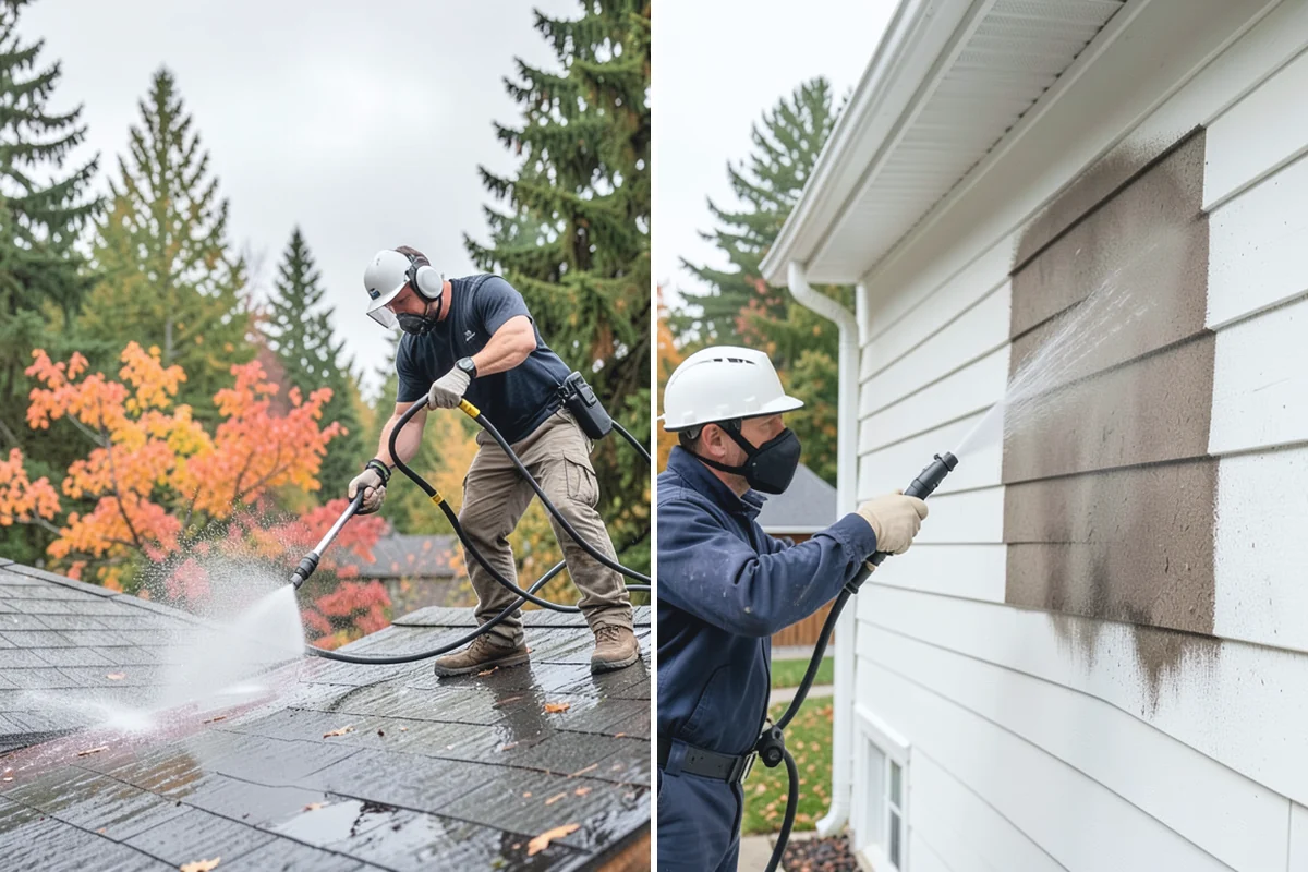 Sidewalk Pressure Washing in Des Moines, King County, WA - Blow off leaves and fir needles and pre-treat the surface with a moss-and-algae solution