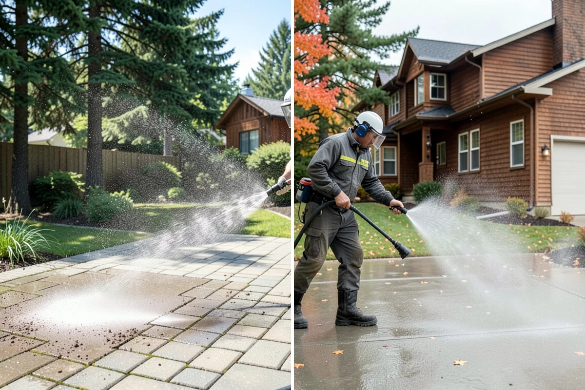 Sidewalk Pressure Washing in DuPont, Pierce County, WA - Blow off leaves and fir needles and pre-treat the surface with a moss-and-algae solution