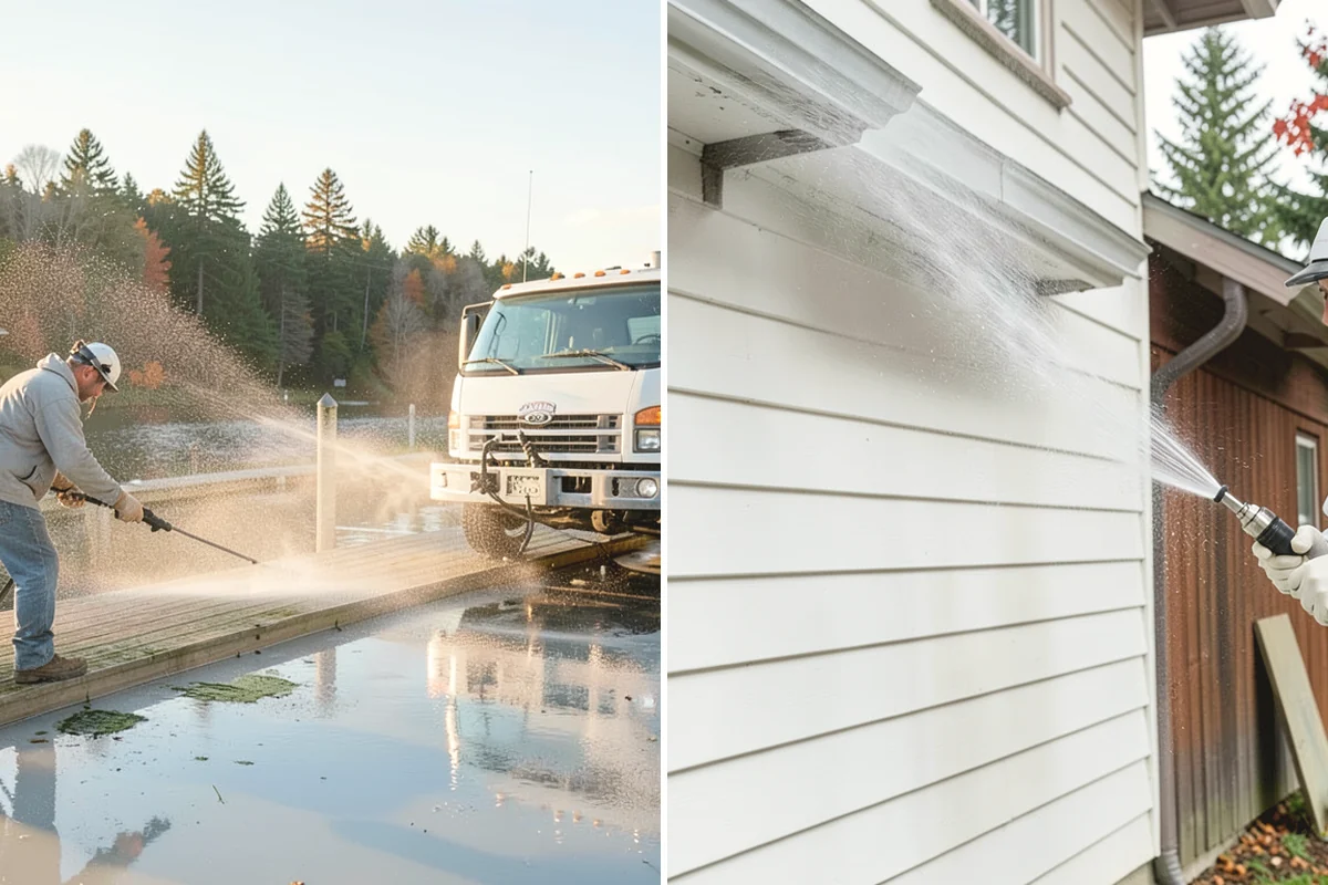 Sidewalk Pressure Washing in Duvall, King County, WA - Blow off leaves and fir needles and pre-treat the surface with a moss-and-algae solution