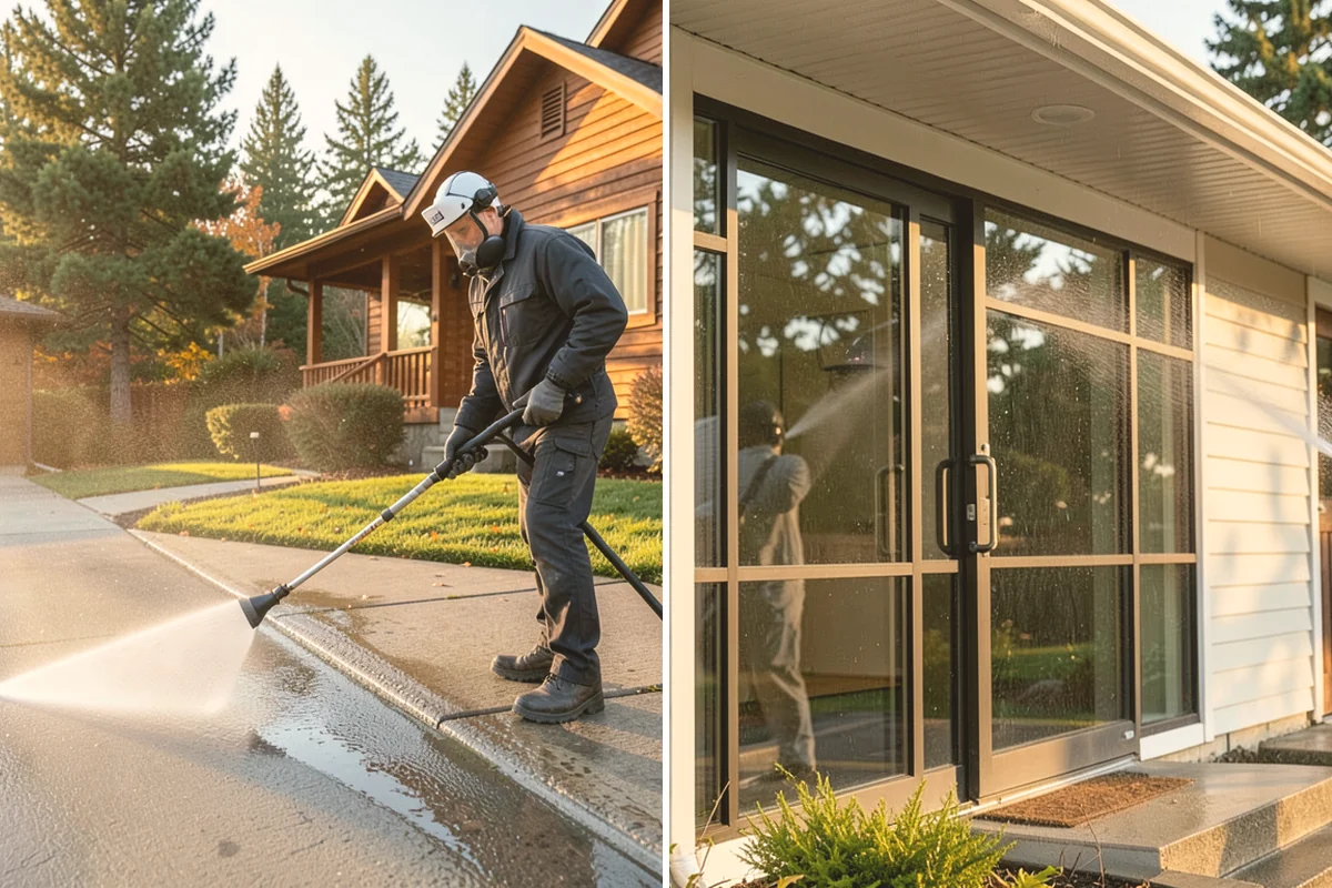 Sidewalk Pressure Washing in Eatonville, Pierce County, WA - Blow off leaves and fir needles and pre-treat the surface with a moss-and-algae solution
