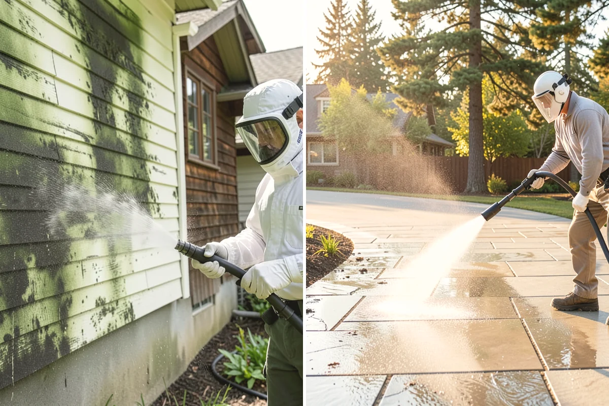 Sidewalk Pressure Washing in Edgewood, Pierce County, WA - Blow off leaves and fir needles and pre-treat the surface with a moss-and-algae solution