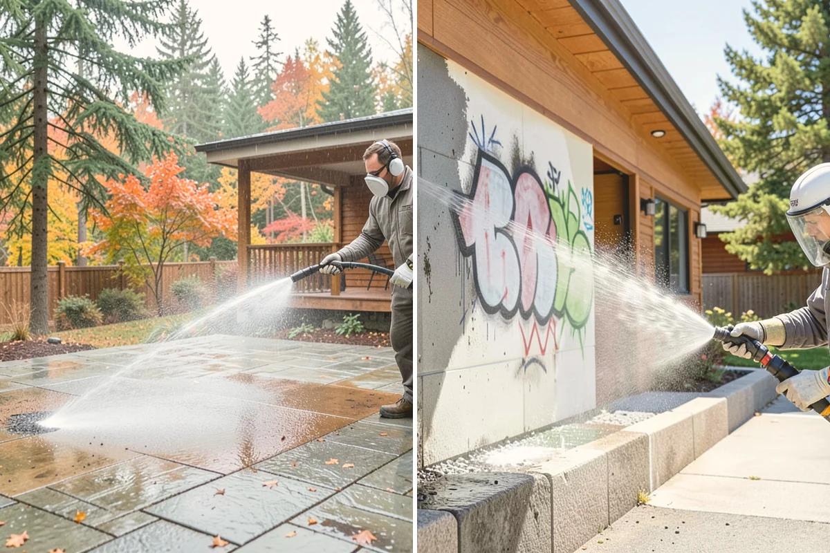 Sidewalk Pressure Washing in Edmonds, Snohomish County, WA - Blow off leaves and fir needles and pre-treat the surface with a moss-and-algae solution