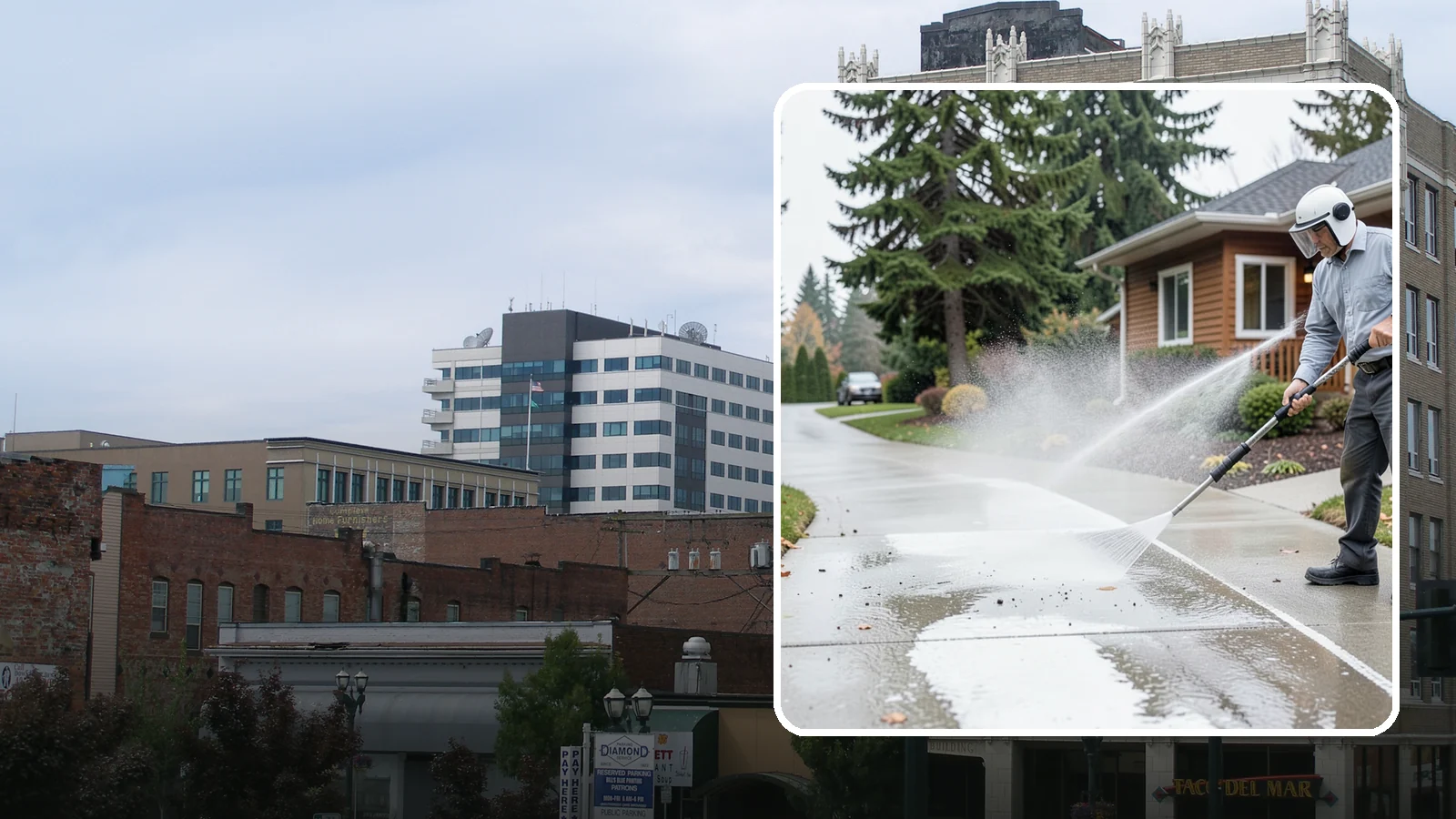 Sidewalk Pressure Washing in Everett, Snohomish County, WA - Restore slick, moss-darkened Washington sidewalks to safe, even concrete with a controlled pressure wash.