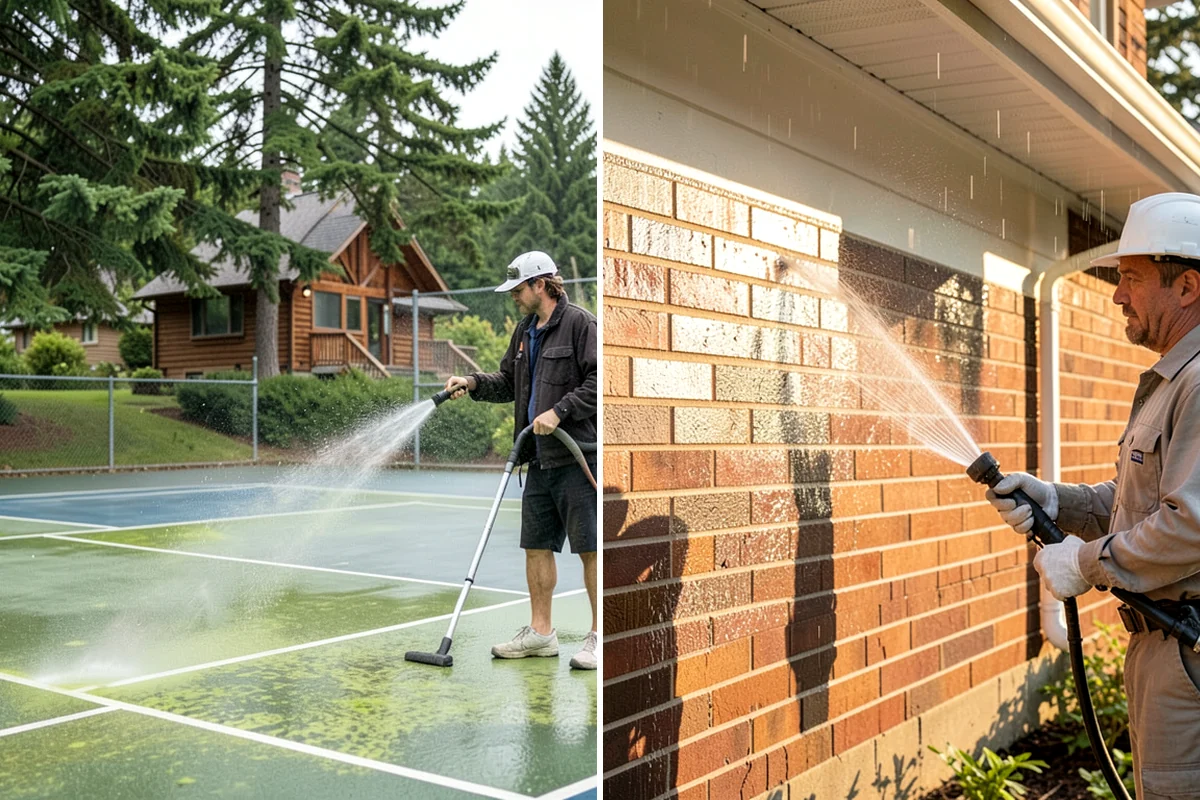 Sidewalk Pressure Washing in Everett, Snohomish County, WA - Blow off leaves and fir needles and pre-treat the surface with a moss-and-algae solution