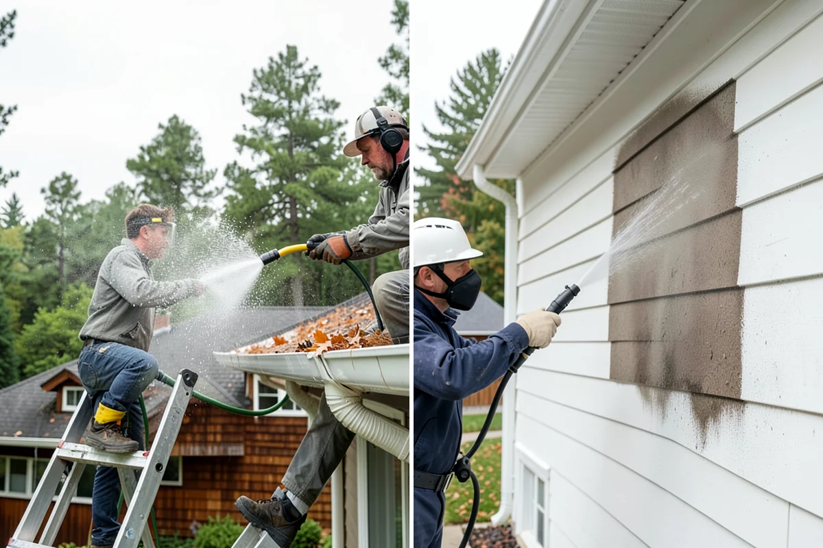 Sidewalk Pressure Washing in Federal Way, King County, WA - Blow off leaves and fir needles and pre-treat the surface with a moss-and-algae solution