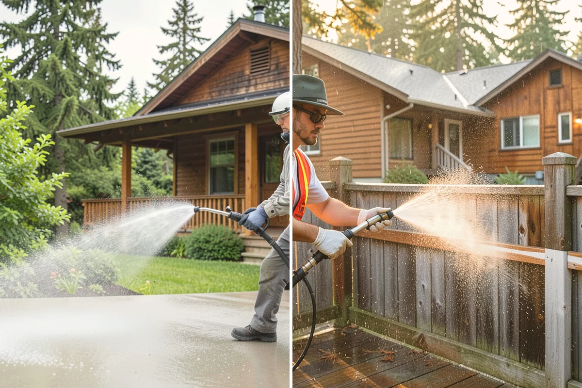 Sidewalk Pressure Washing in Fife, Pierce County, WA - Blow off leaves and fir needles and pre-treat the surface with a moss-and-algae solution