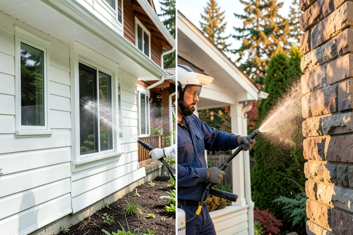 Sidewalk Pressure Washing in Fircrest, Pierce County, WA - Blow off leaves and fir needles and pre-treat the surface with a moss-and-algae solution