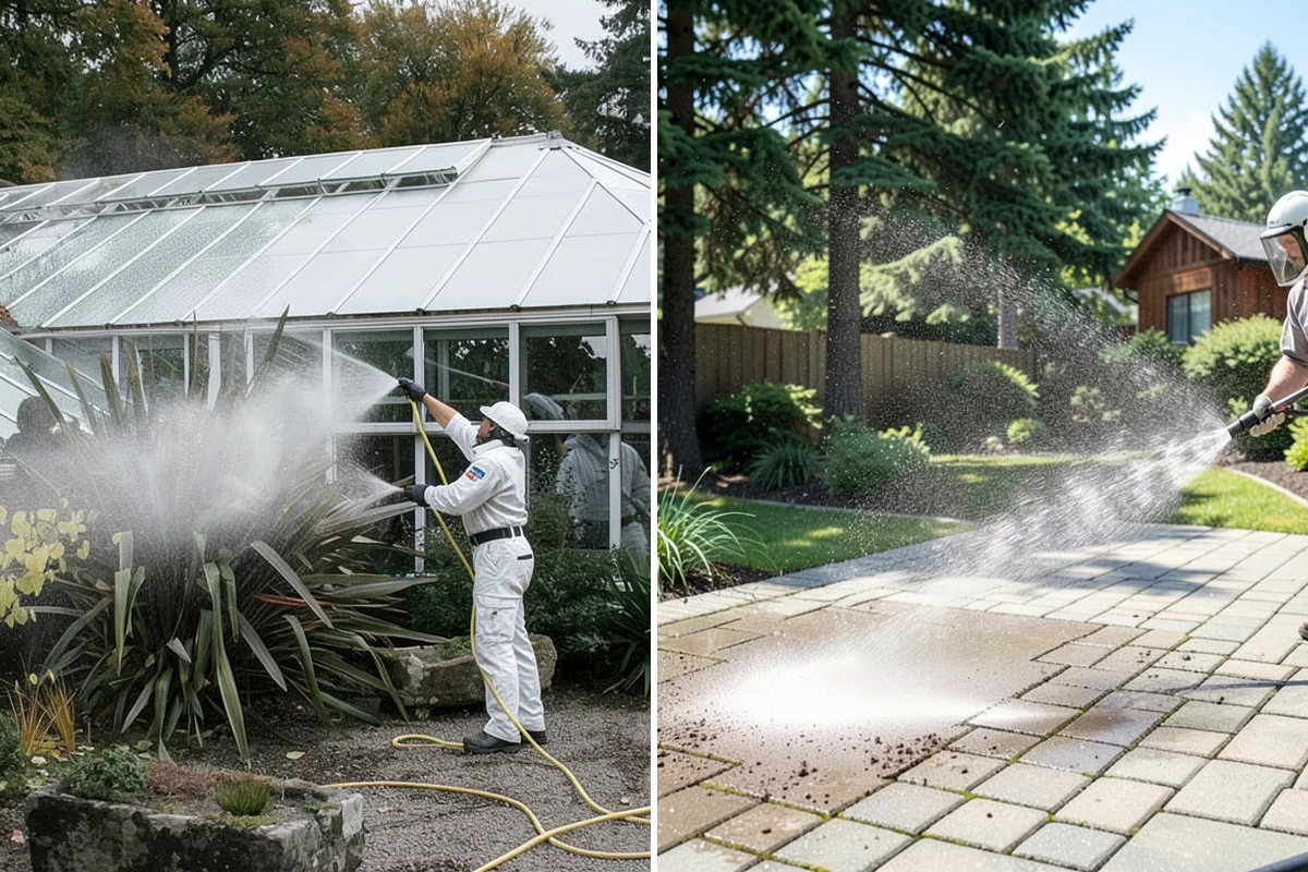 Sidewalk Pressure Washing in Gig Harbor, Pierce County, WA - Blow off leaves and fir needles and pre-treat the surface with a moss-and-algae solution