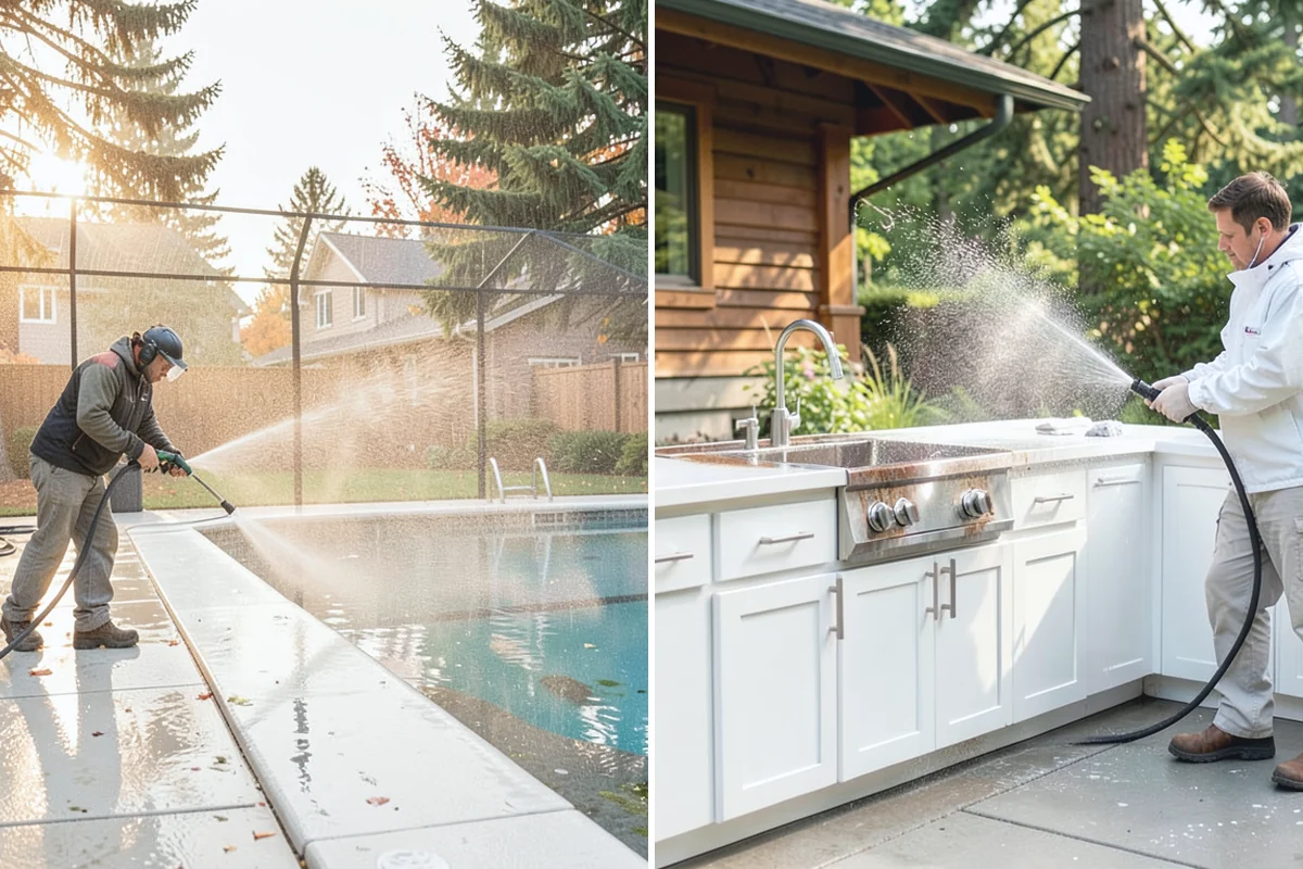 Sidewalk Pressure Washing in Gold Bar, Snohomish County, WA - Blow off leaves and fir needles and pre-treat the surface with a moss-and-algae solution