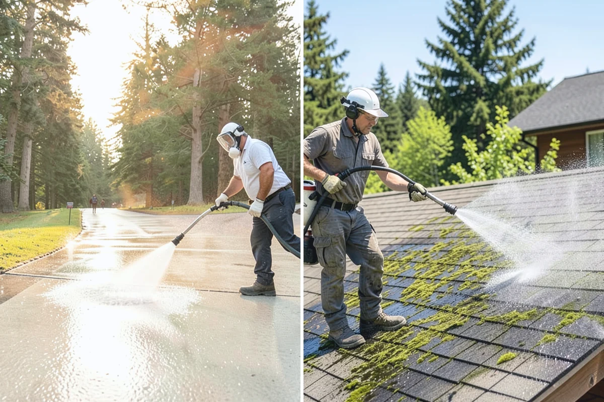 Sidewalk Pressure Washing in Granite Falls, Snohomish County, WA - Blow off leaves and fir needles and pre-treat the surface with a moss-and-algae solution