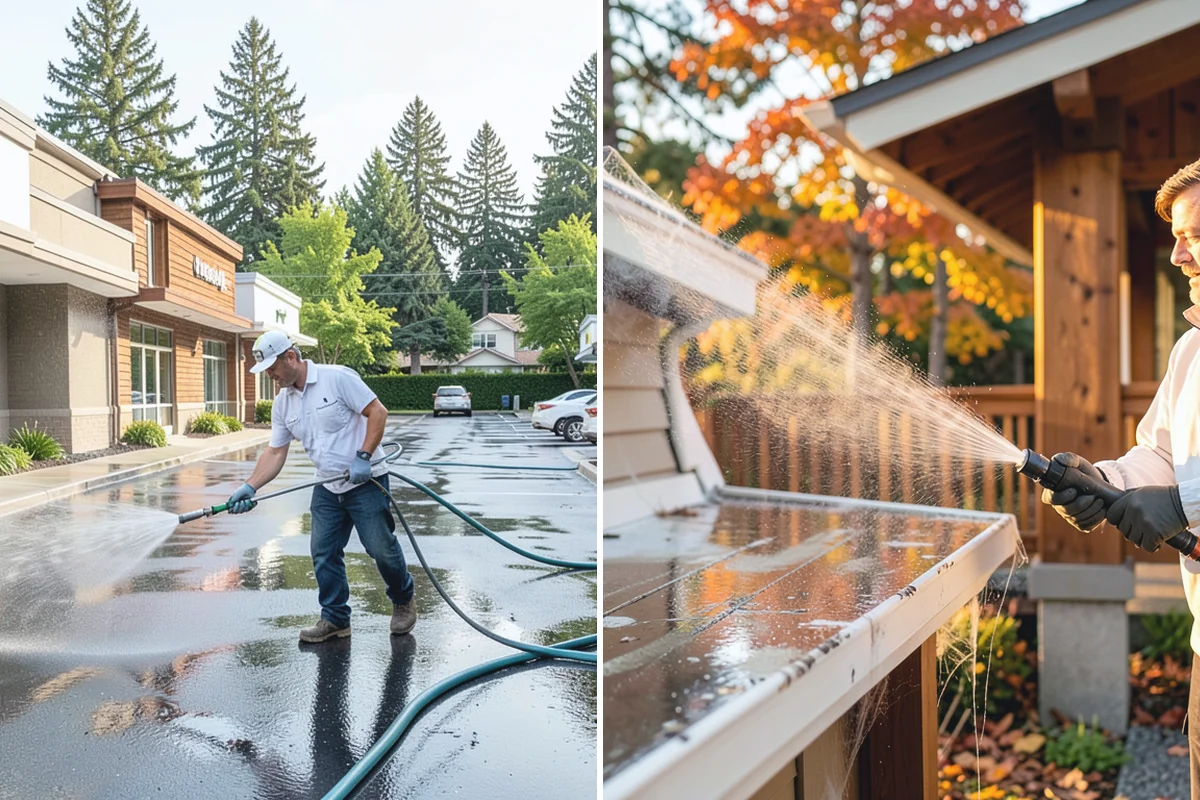 Sidewalk Pressure Washing in Hamilton, Skagit County, WA - Blow off leaves and fir needles and pre-treat the surface with a moss-and-algae solution