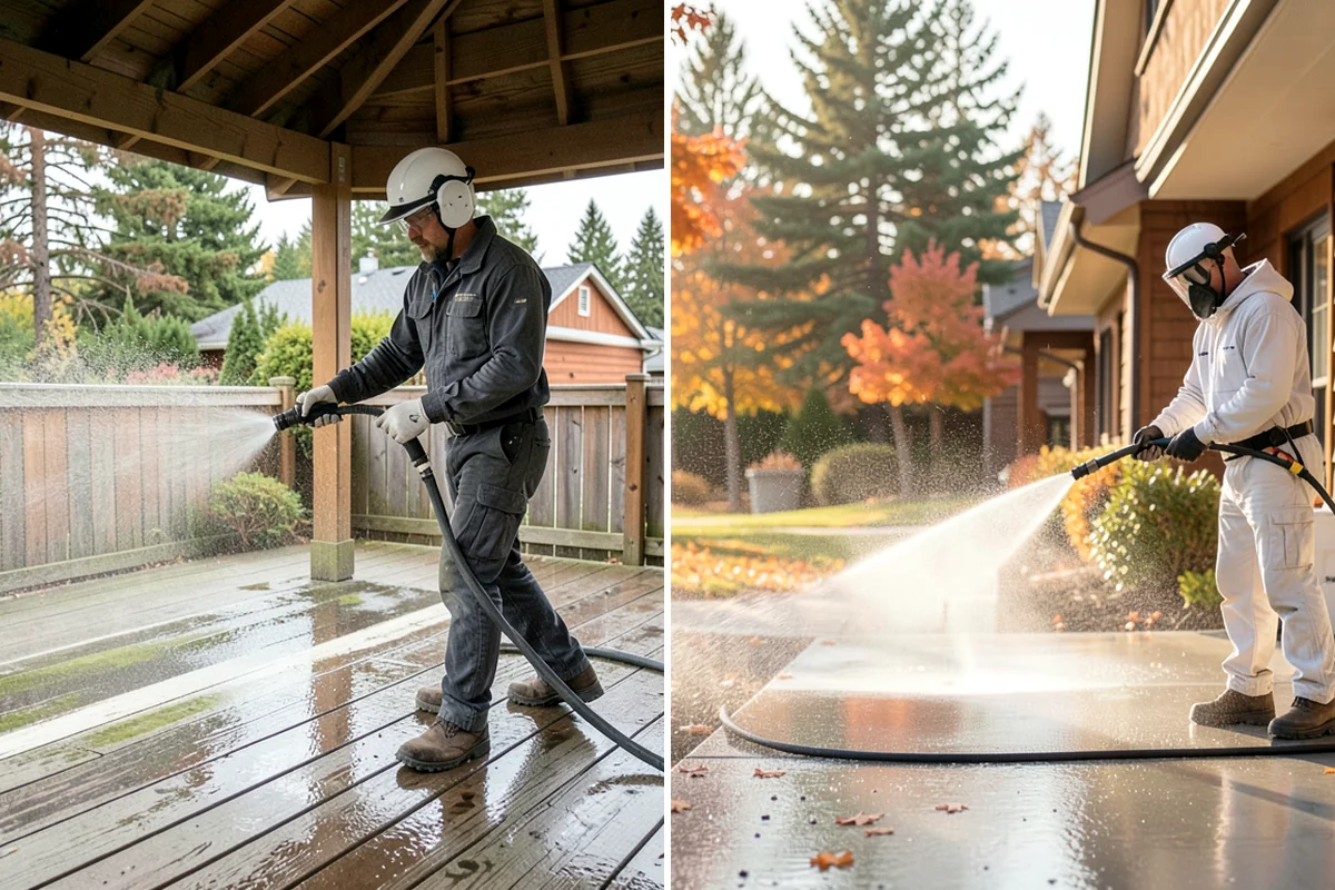 Sidewalk Pressure Washing in Hunts Point, King County, WA - Blow off leaves and fir needles and pre-treat the surface with a moss-and-algae solution