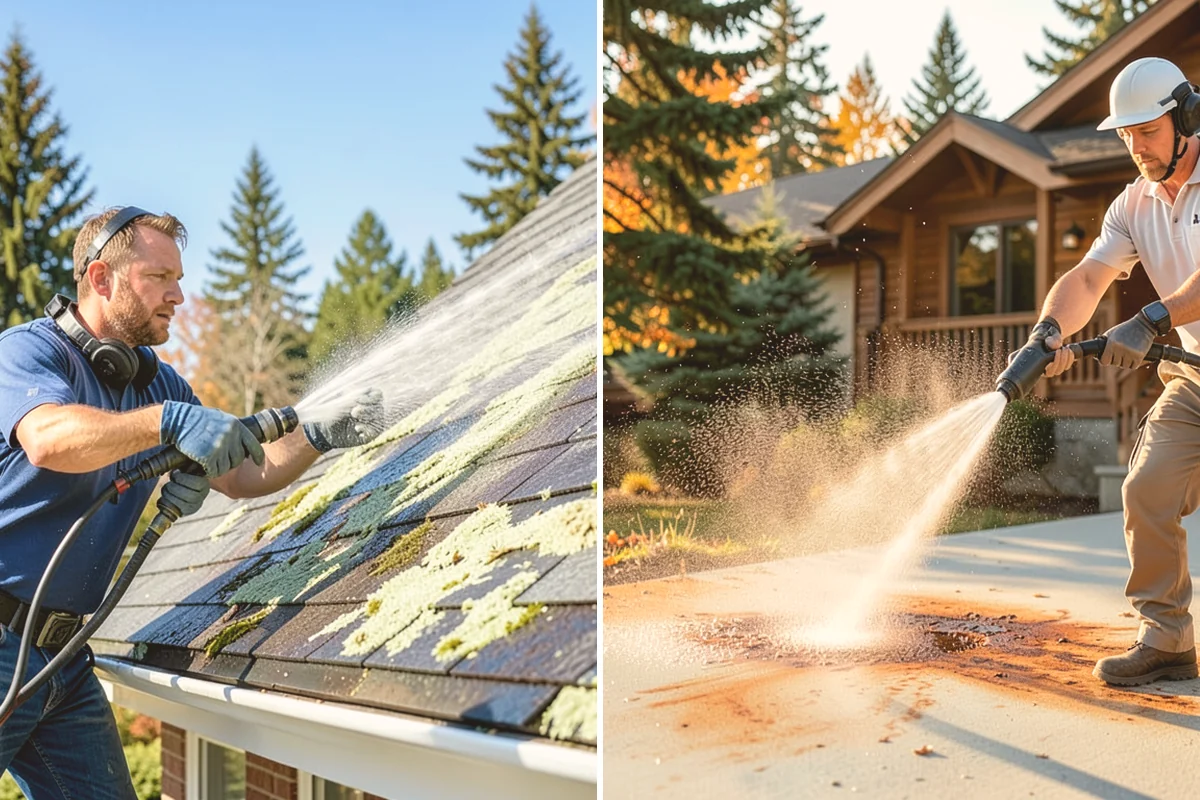 Sidewalk Pressure Washing in Index, Snohomish County, WA - Blow off leaves and fir needles and pre-treat the surface with a moss-and-algae solution