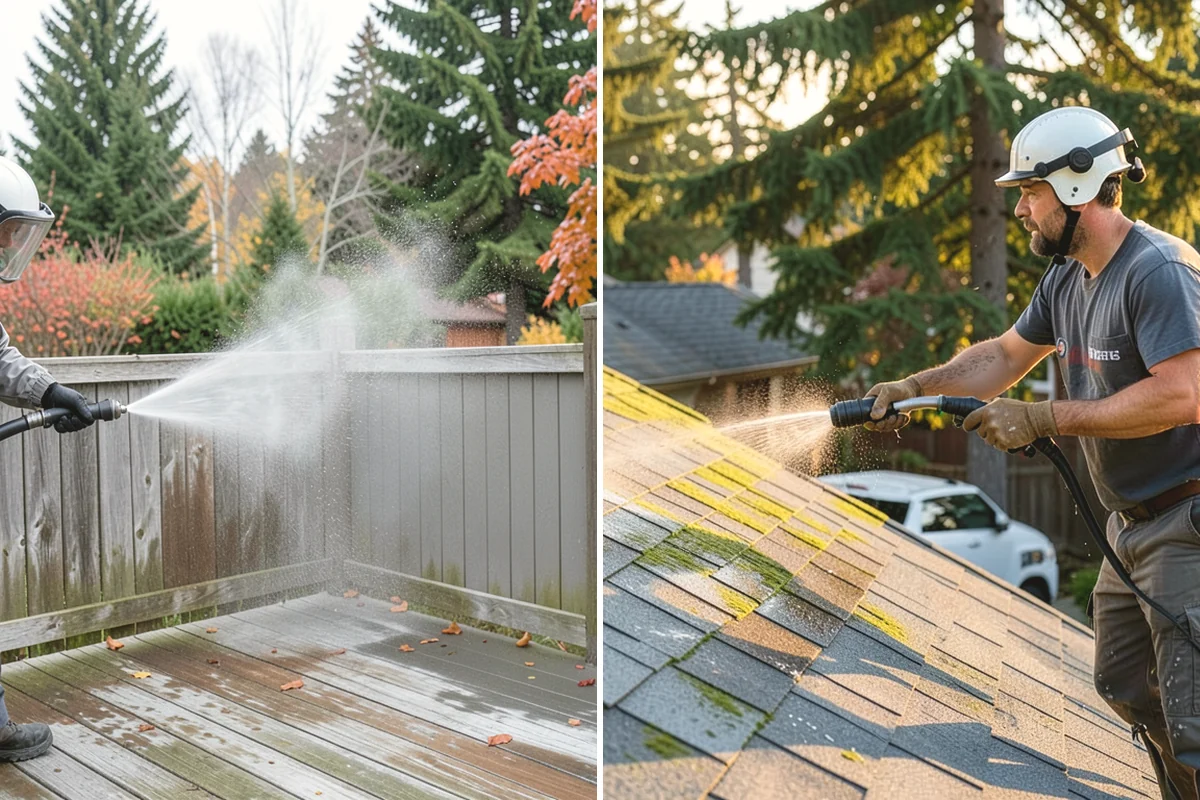 Sidewalk Pressure Washing in Issaquah, King County, WA - Blow off leaves and fir needles and pre-treat the surface with a moss-and-algae solution