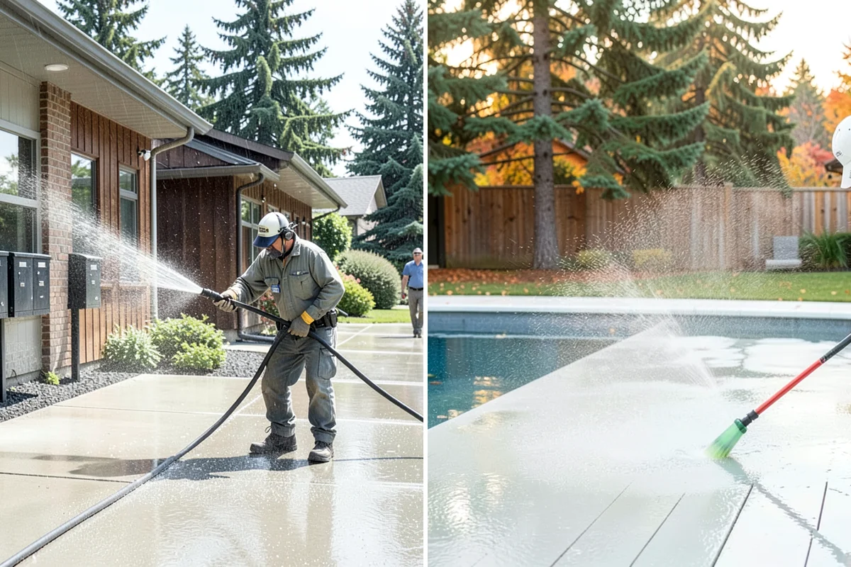 Sidewalk Pressure Washing in Kenmore, King County, WA - Blow off leaves and fir needles and pre-treat the surface with a moss-and-algae solution