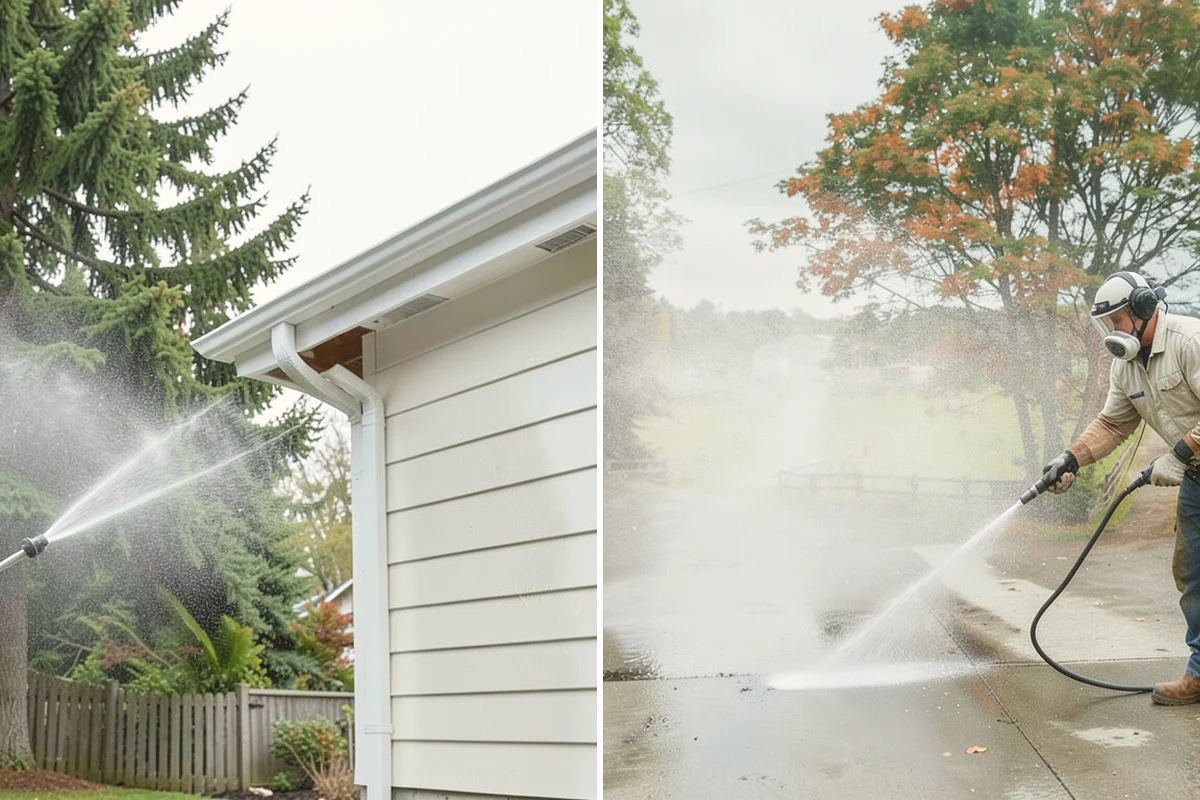 Sidewalk Pressure Washing in Kent, King County, WA - Blow off leaves and fir needles and pre-treat the surface with a moss-and-algae solution