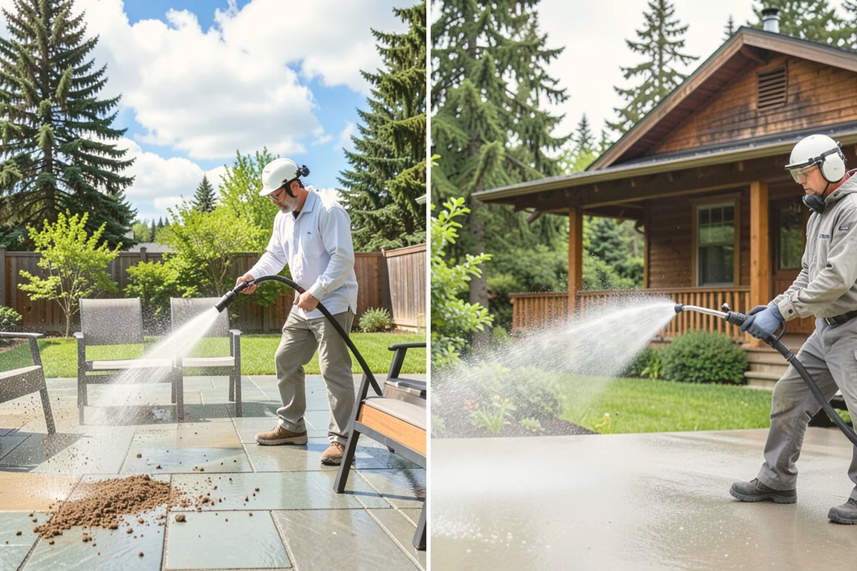 Sidewalk Pressure Washing in Kirkland, King County, WA - Blow off leaves and fir needles and pre-treat the surface with a moss-and-algae solution
