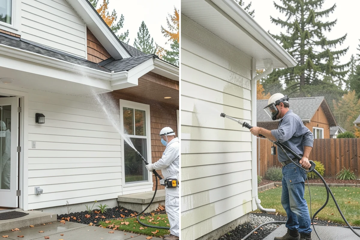 Sidewalk Pressure Washing in La Conner, Skagit County, WA - Blow off leaves and fir needles and pre-treat the surface with a moss-and-algae solution