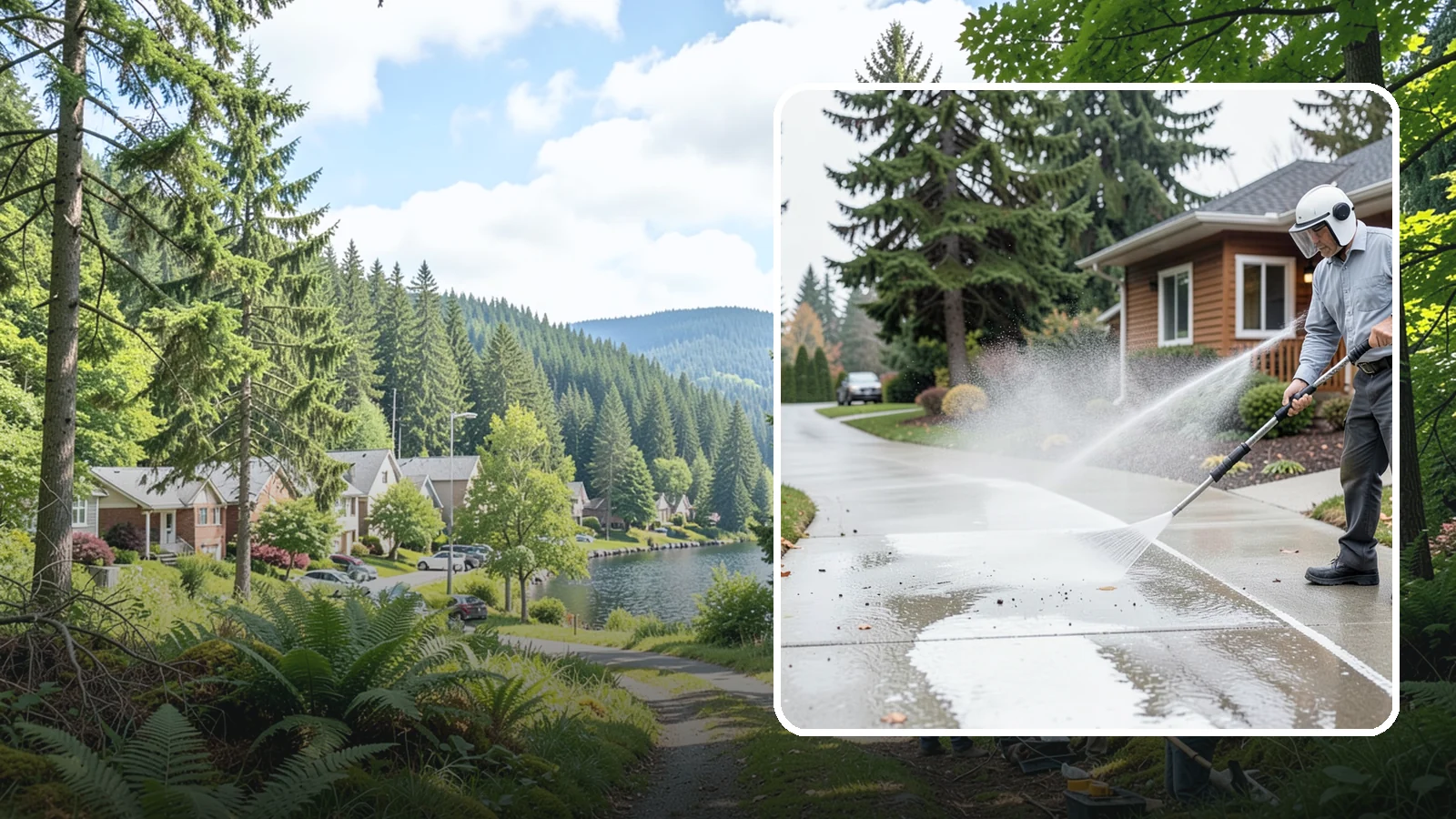 Sidewalk Pressure Washing in Lake Forest Park, King County, WA - Restore slick, moss-darkened Washington sidewalks to safe, even concrete with a controlled pressure wash.