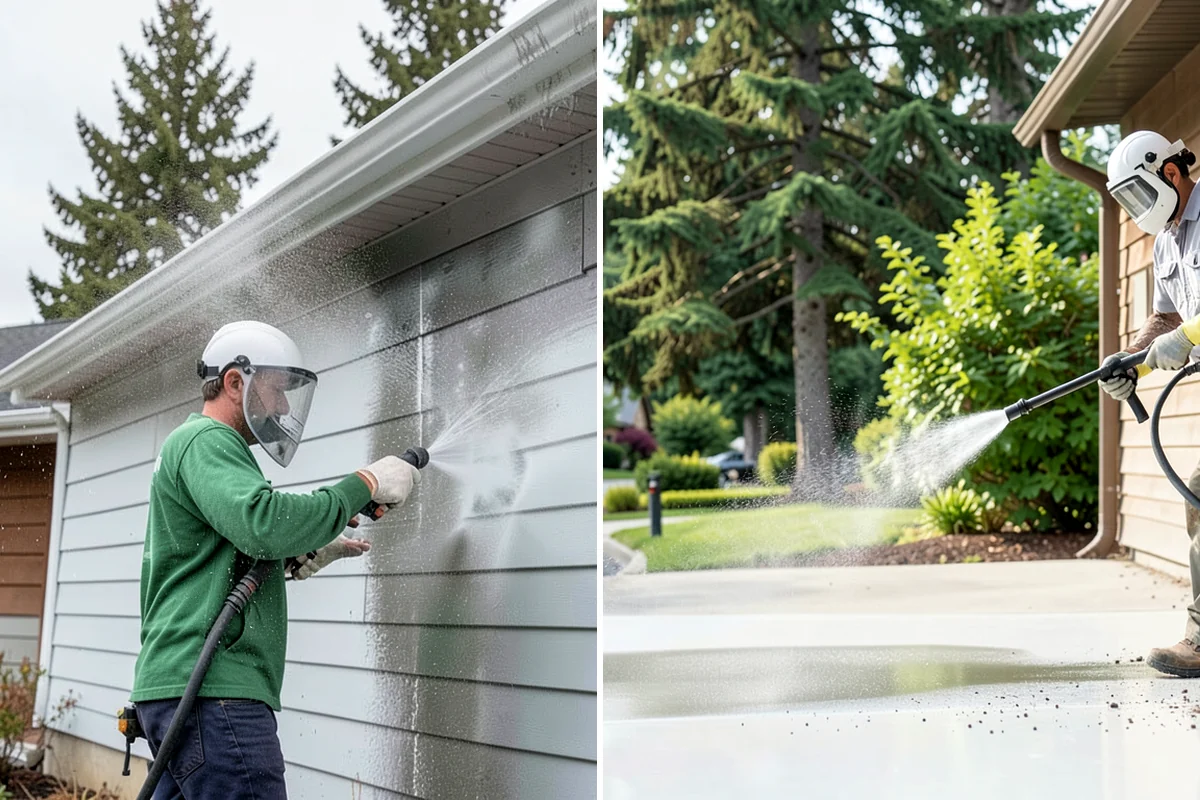 Sidewalk Pressure Washing in Lake Forest Park, King County, WA - Blow off leaves and fir needles and pre-treat the surface with a moss-and-algae solution